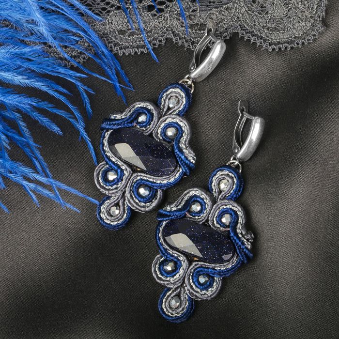 Серьги ручная работа, сутаж "Авантюрин синий"