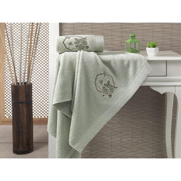 Комплект полотенец KARNA DEMET, размер 50x90-1 шт., 70х140-1 шт., махра 500 г/м2, цвет зелёный 179