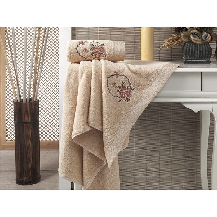 Комплект полотенец KARNA DEMET, размер 50x90-1 шт., 70х140-1 шт., махра 500 г/м2, цвет абрикосовый