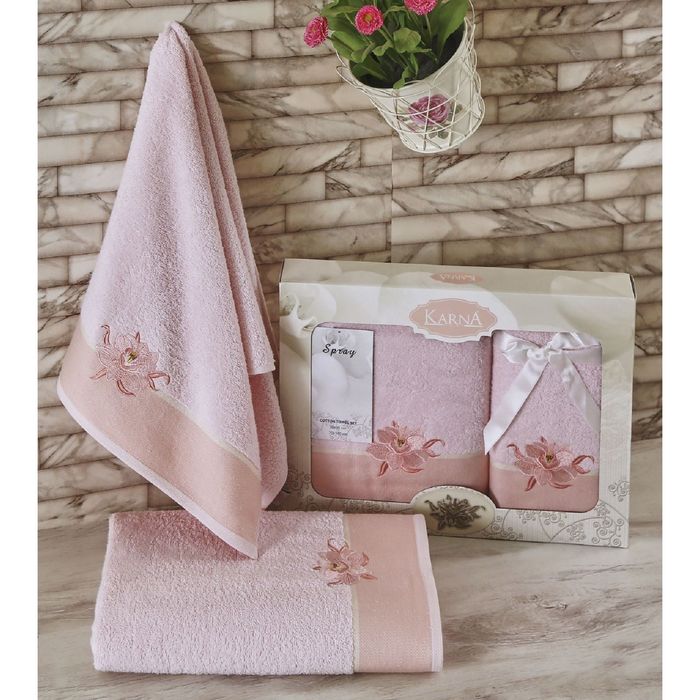 Комплект полотенец KARNA SPRAY, размер 50x90-1 шт., 70х140-1 шт.,махра 400 г/м2, цвет светло-розовый