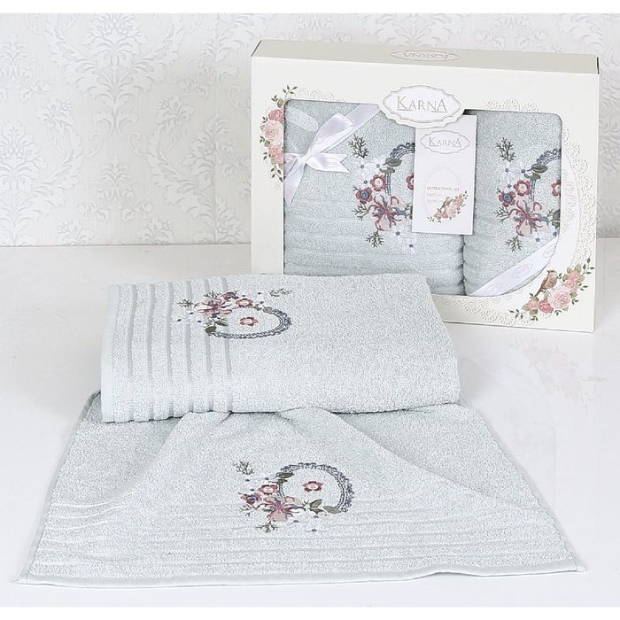 Комплект полотенец KARNA CAMILE, размер 50x90-1 шт., 70х140-1 шт., махра 380 г/м2, цвет зелёный 17