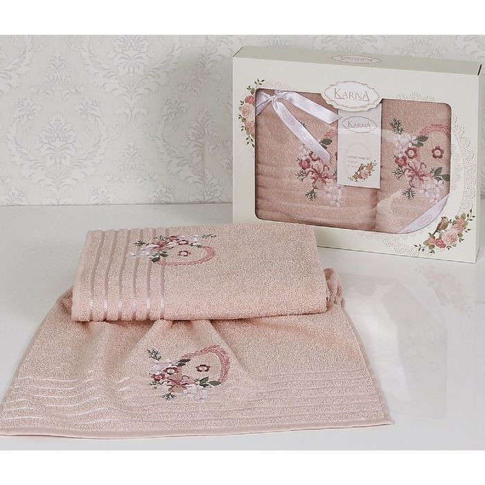 Комплект полотенец KARNA CAMILE, размер 50x90-1 шт., 70х140-1 шт., махра 380 г/м2, цвет пудра 1791