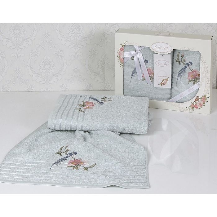 Комплект полотенец KARNA ESTE, размер 50x90-1 шт., 70х140-1 шт., махра 380 г/м2, цвет светло-зелёный