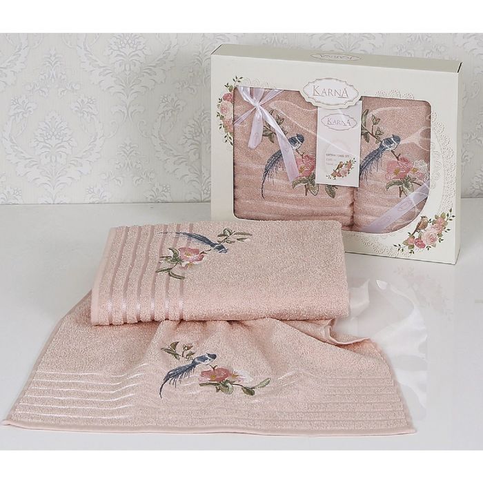 Комплект полотенец KARNA ESTE, размер 50x90-1 шт., 70х140-1 шт., махра 380 г/м2, цвет пудра 179160