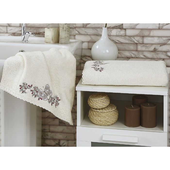 Комплект полотенец KARNA LAVORE, размер 50x90-1 шт., 70х140-1 шт., махра 380 г/м2, цвет кремовый 1