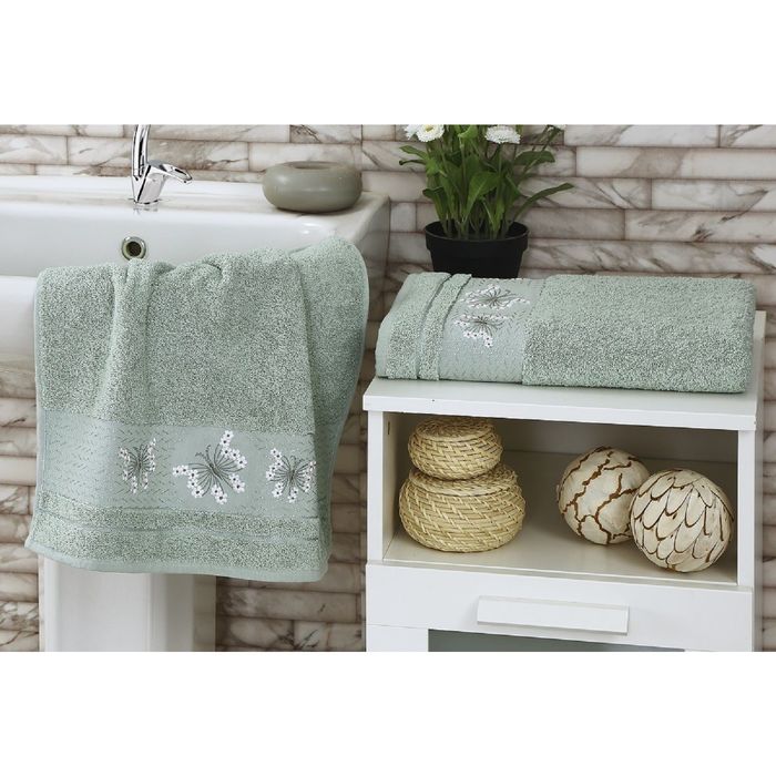 Комплект полотенец KARNA BIANCA, размер 50x90-1 шт., 70х140-1 шт., махра 380 г/м2, цвет зелёный 17