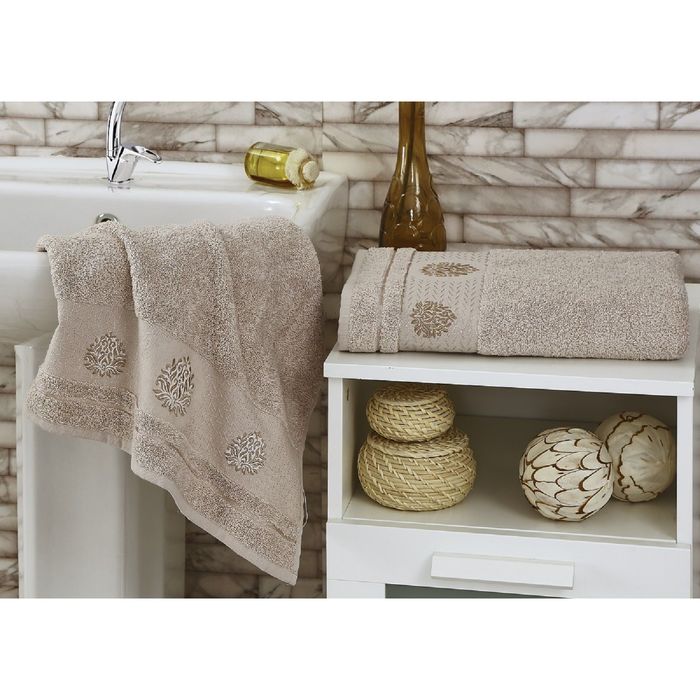 Комплект полотенец KARNA DEVON, размер 50x90-1 шт., 70х140-1 шт., махра 380 г/м2, цвет бежевый 179