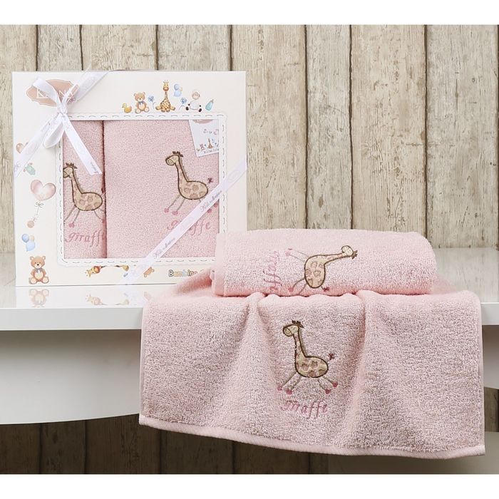 Набор полотенец BAMBINO-GIRAFFE, размер 50x70, 70х120 см, цвет розовый, махра 380 г/м2