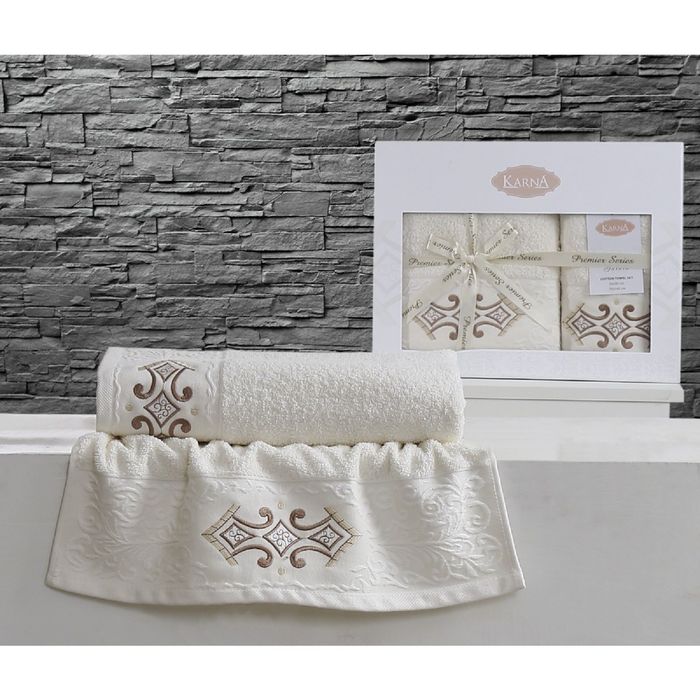 Комплект полотенец KARNA GALATA, размер 50x90-1 шт., 70х140 см-1 шт., цвет кремовый 2324
