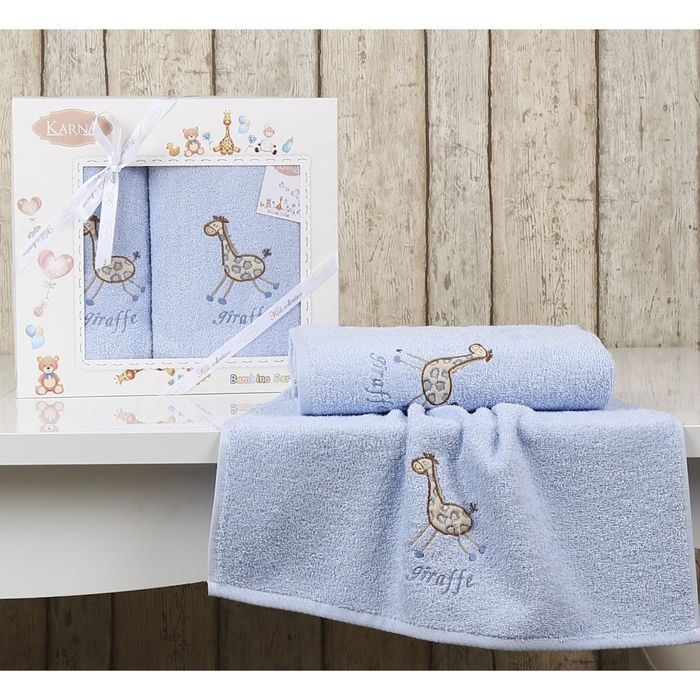 Набор полотенец BAMBINO-GIRAFFE, размер 50x70, 70х120 см, цвет голубой, махра 380 г/м2