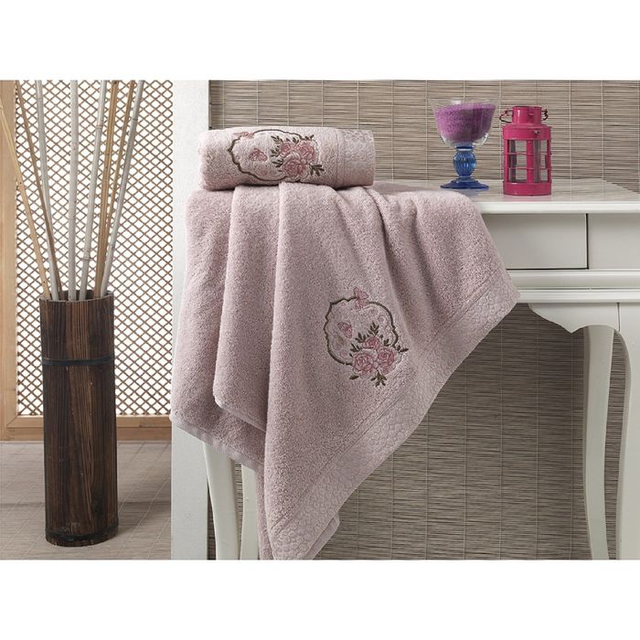 Комплект полотенец KARNA DEMET, размер 50x90-1 шт., 70х140-1 шт., махра 500 г/м2, цвет грязно-розовы