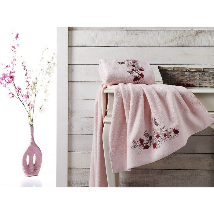Комплект полотенец KARNA EVA, размер 50x90-1 шт., 70х140-1 шт., махра 500 г/м2, цвет светло-розовый