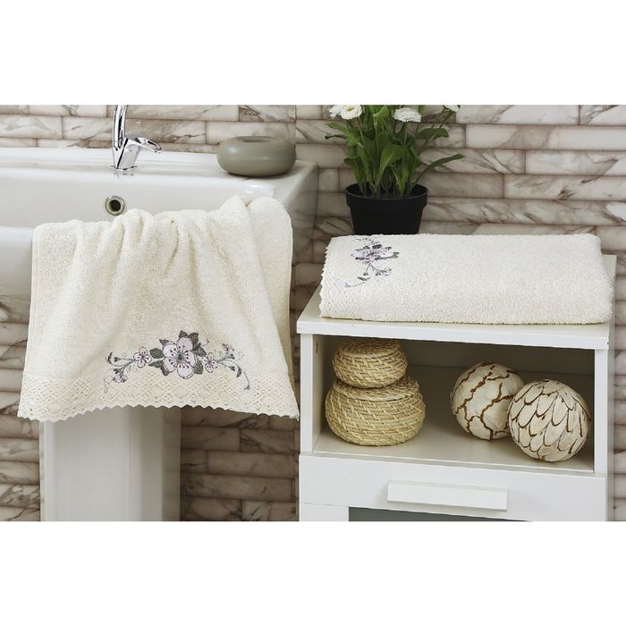 Комплект полотенец KARNA SUENA, размер 50x90-1 шт.,70х140-шт., махра 380 г/м2, цвет кремовый 17916