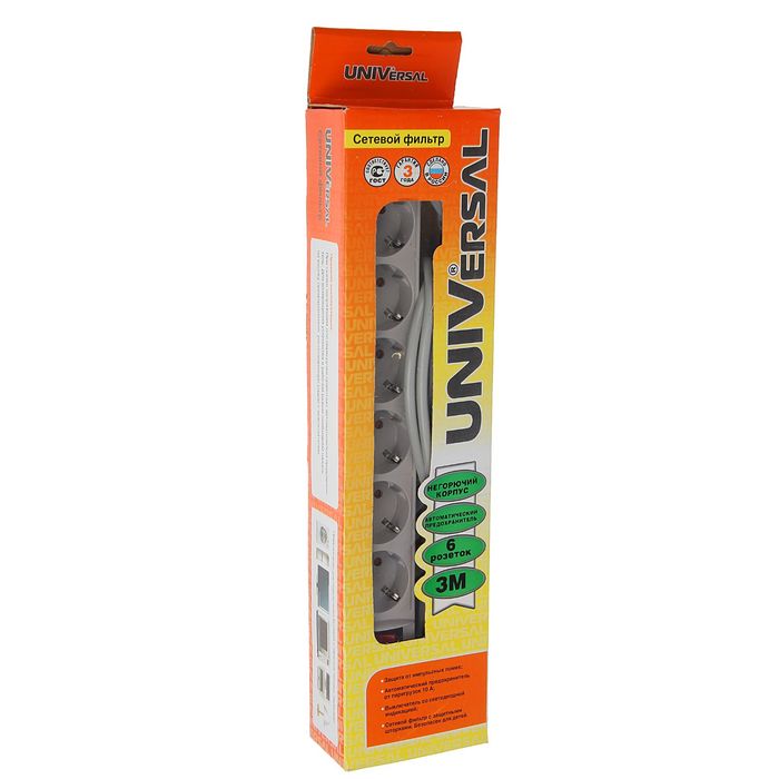 Сетевой фильтр UNIVersal 967U-5003, 6 розеток, 3 м, 10 А, ПВС 3x0.75, серый