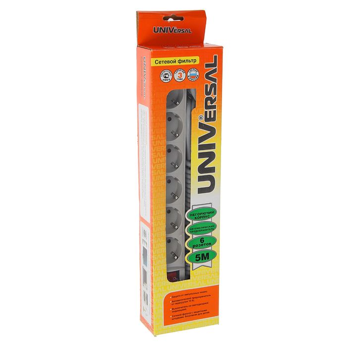 Сетевой фильтр UNIVersal 967U-5005, 6 розеток, 5 м, 10 А, ПВС 3x0.75, серый