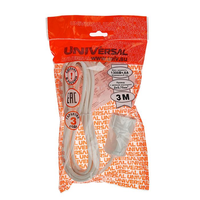 Удлинитель UNIVersal УШ-6, 1 розетка, 3 м, 6 А, ПВС 2x0.75, без з/к