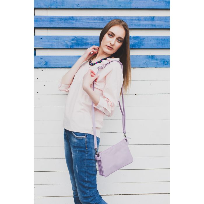 Сумка женская на молнии, 3 отдела, наружный карман, длинный ремень, цвет сиреневый