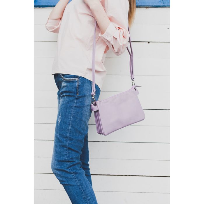 Сумка женская на молнии, 3 отдела, наружный карман, длинный ремень, цвет сиреневый