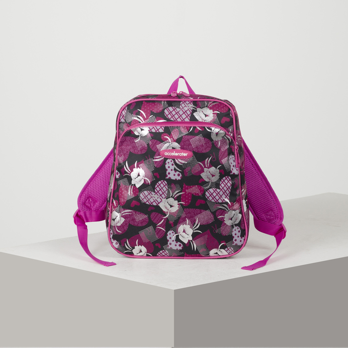Рюкзак молодёжный "Цветы", отдел на молнии, наружный карман, усиленная спинка, цвет чёрный/розовый