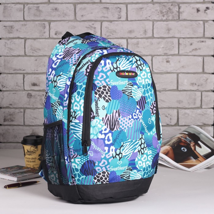 Рюкзак подр Сердца 32*17*46 отдел на молнии нар карман 2 бок сетки бирюза