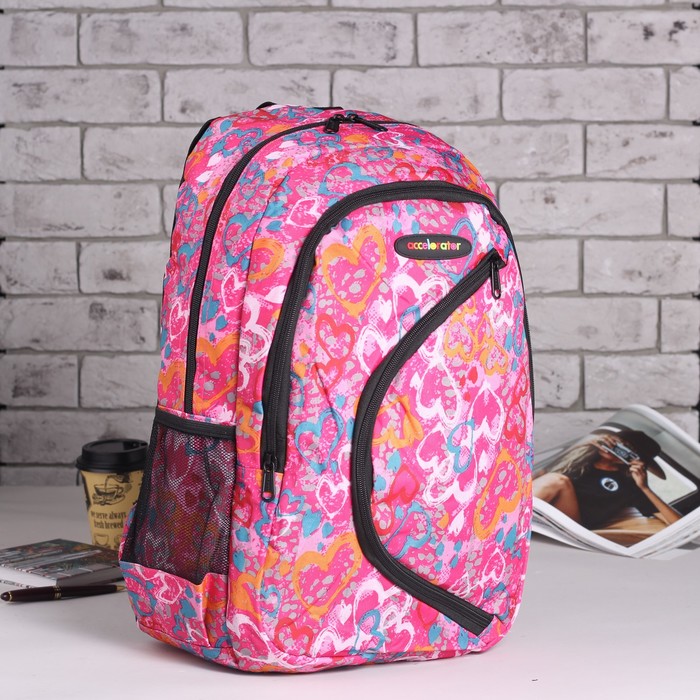 Рюкзак подр Сердца 32*18*45 отдел на молнии 2 нар кармана 2 бок сетки малиновый