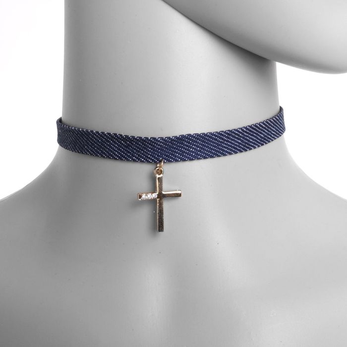 Чокер "Стиль джинс" крест, цвет сине-белый в золоте