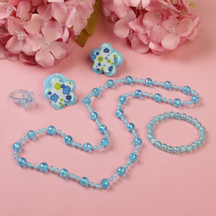 Набор детский "Выбражулька" 5 предметов: 2 резинки, бусы, браслет, кольцо, бантики, цвет голубой