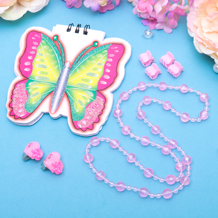 Набор детский "Выбражулька" 7 предметов: 4 краба, клипсы, бусы, блокнот МИКС, сердечки, цвет розовый