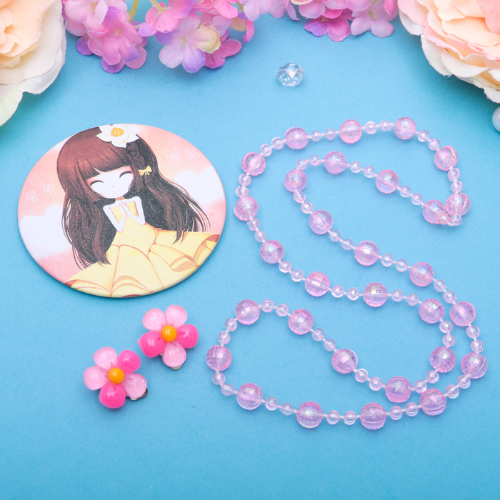 Набор детский "Выбражулька" 3 предмета: клипсы, бусы, зеркало МИКС, цветочки, цвет розовый