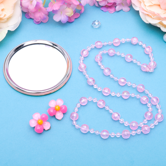 Набор детский "Выбражулька" 3 предмета: клипсы, бусы, зеркало МИКС, цветочки, цвет розовый