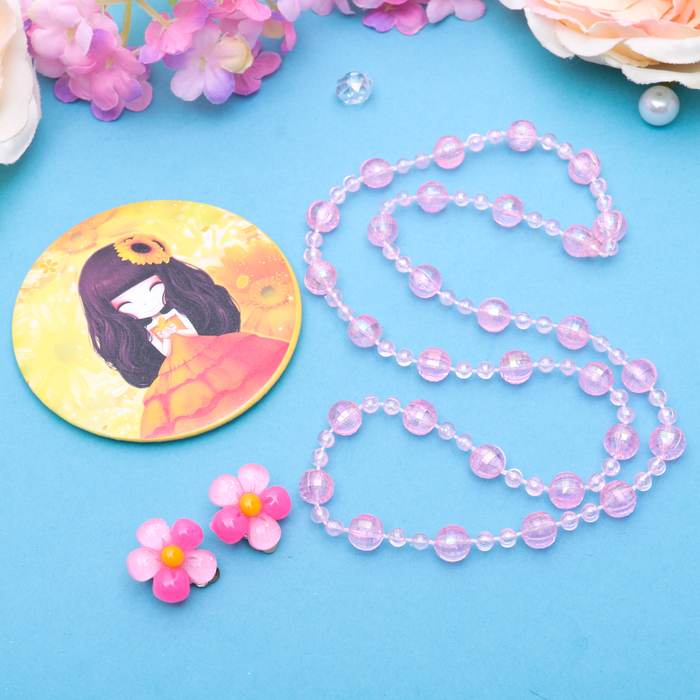 Набор детский "Выбражулька" 3 предмета: клипсы, бусы, зеркало МИКС, цветочки, цвет розовый