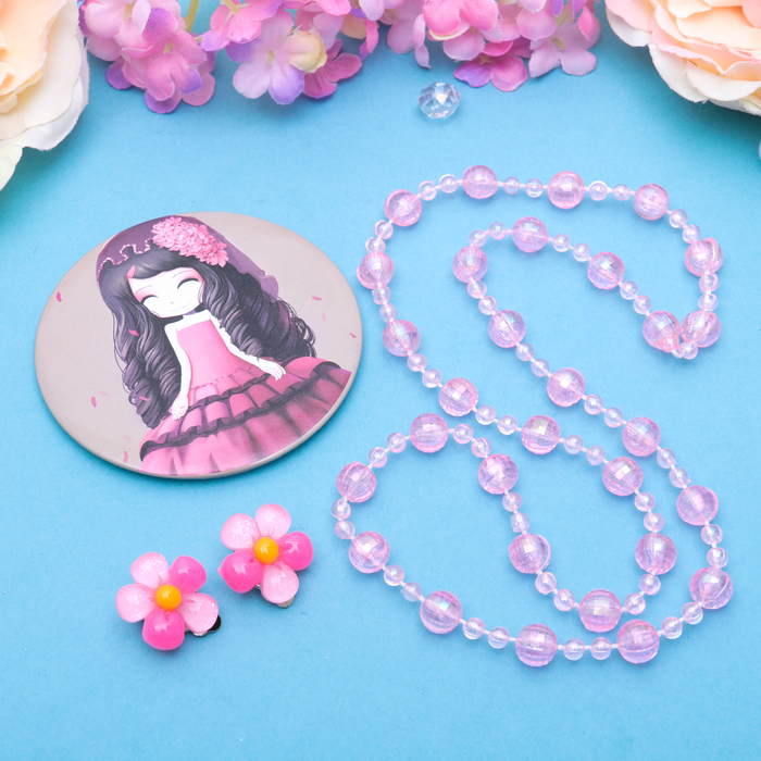 Набор детский "Выбражулька" 3 предмета: клипсы, бусы, зеркало МИКС, цветочки, цвет розовый