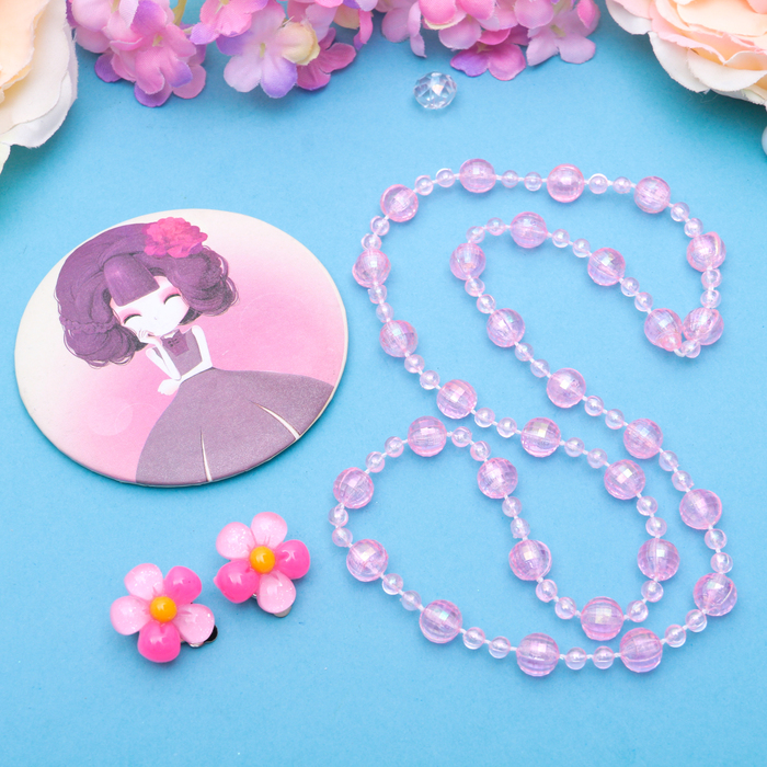 Набор детский "Выбражулька" 3 предмета: клипсы, бусы, зеркало МИКС, цветочки, цвет розовый