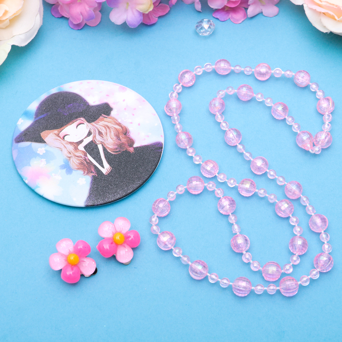 Набор детский "Выбражулька" 3 предмета: клипсы, бусы, зеркало МИКС, цветочки, цвет розовый