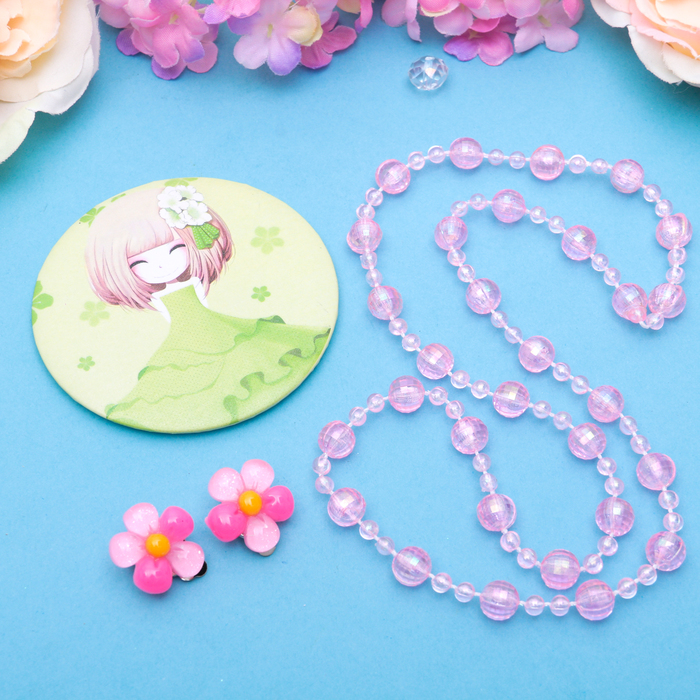 Набор детский "Выбражулька" 3 предмета: клипсы, бусы, зеркало МИКС, цветочки, цвет розовый