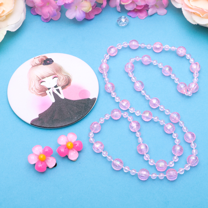 Набор детский "Выбражулька" 3 предмета: клипсы, бусы, зеркало МИКС, цветочки, цвет розовый