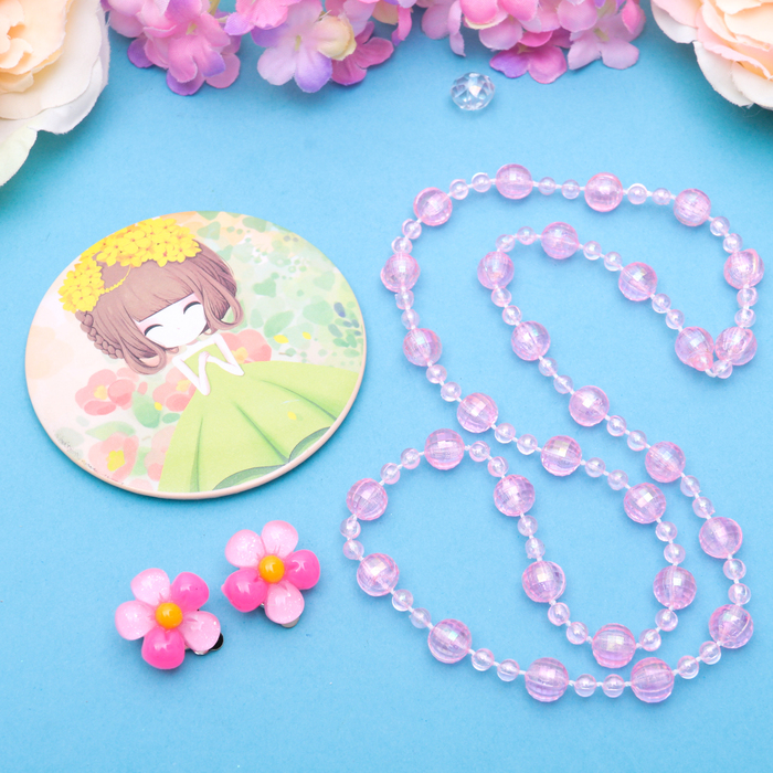 Набор детский "Выбражулька" 3 предмета: клипсы, бусы, зеркало МИКС, цветочки, цвет розовый