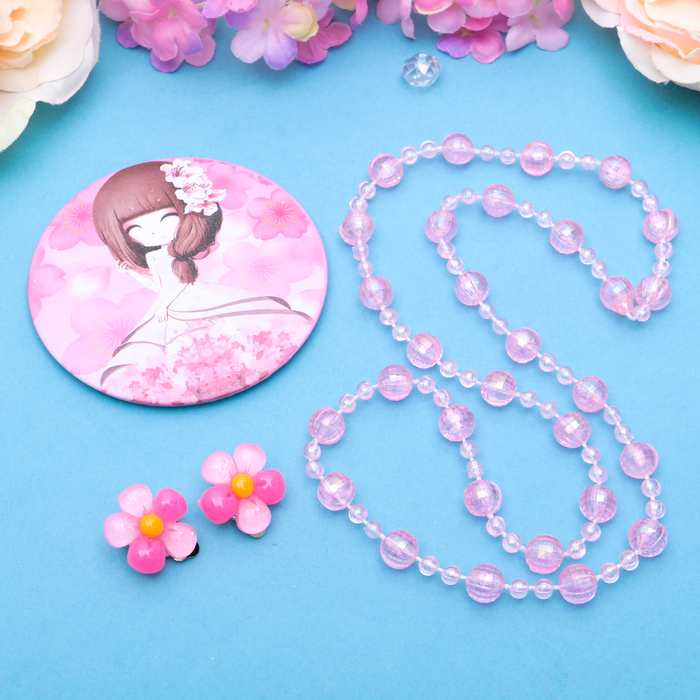 Набор детский "Выбражулька" 3 предмета: клипсы, бусы, зеркало МИКС, цветочки, цвет розовый