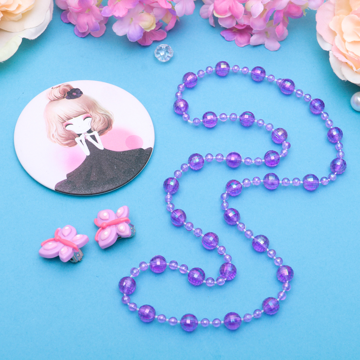 Набор детский "Выбражулька" 3 предмета: клипсы, бусы, зеркало МИКС, бабочки, цвет фиолетовый