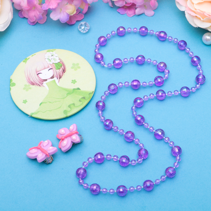 Набор детский "Выбражулька" 3 предмета: клипсы, бусы, зеркало МИКС, бабочки, цвет фиолетовый