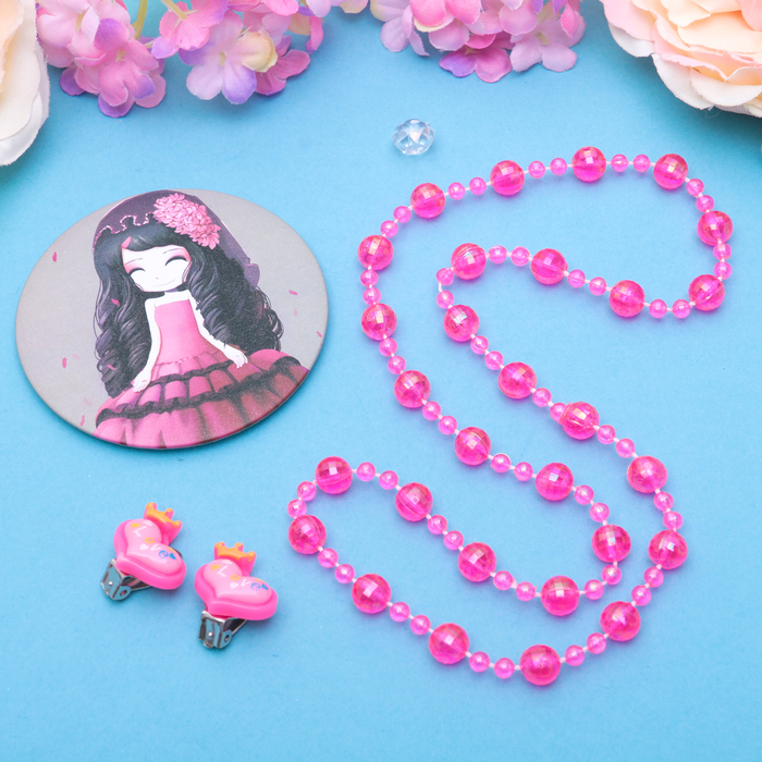 Набор детский "Выбражулька" 3 предмета: клипсы, бусы, зеркало МИКС, сердечки, цвет малиновый