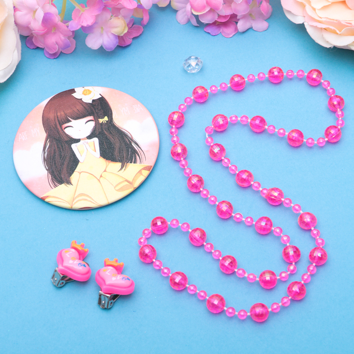 Набор детский "Выбражулька" 3 предмета: клипсы, бусы, зеркало МИКС, сердечки, цвет малиновый