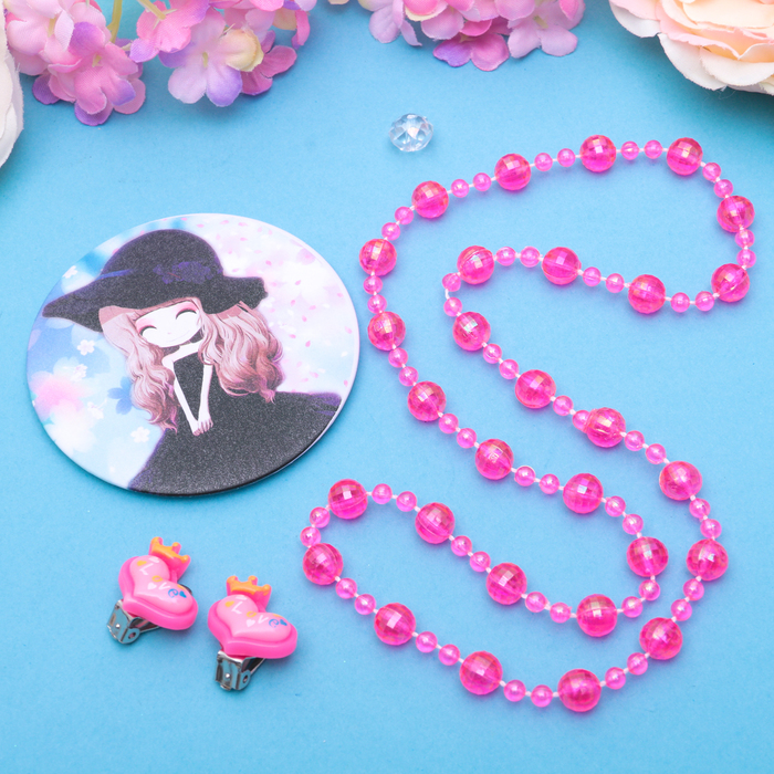 Набор детский "Выбражулька" 3 предмета: клипсы, бусы, зеркало МИКС, сердечки, цвет малиновый