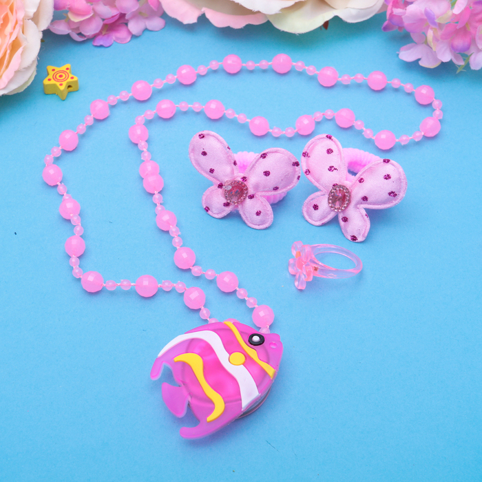 Набор детский "Выбражулька" 4 предмета: 2 резинки, кольцо, бусы, подвеска МИКС светящаяся, бабочки