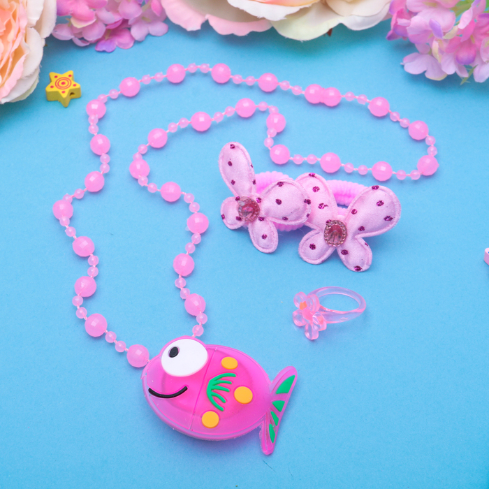 Набор детский "Выбражулька" 4 предмета: 2 резинки, кольцо, бусы, подвеска МИКС светящаяся, бабочки