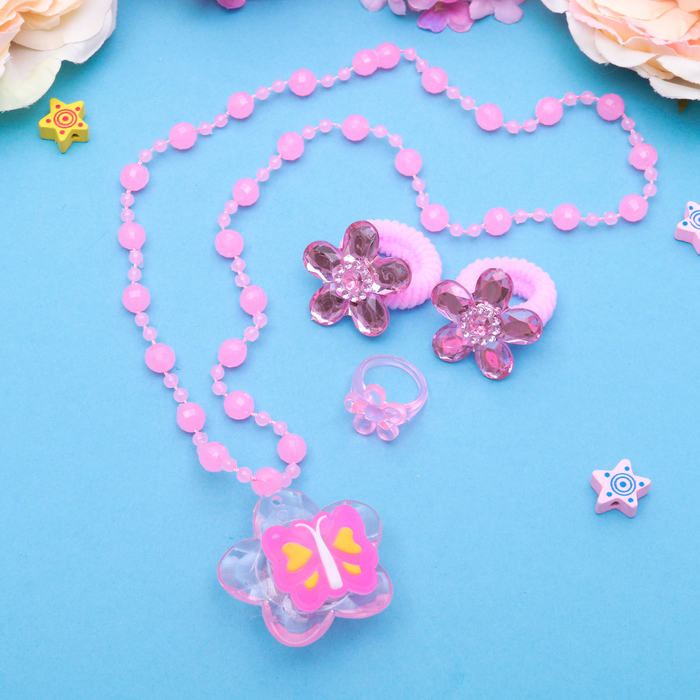 Набор детский "Выбражулька" 4 предмета: 2 резинки, кулон светящийся МИКС, кольцо, цветочки, цвет МИКС