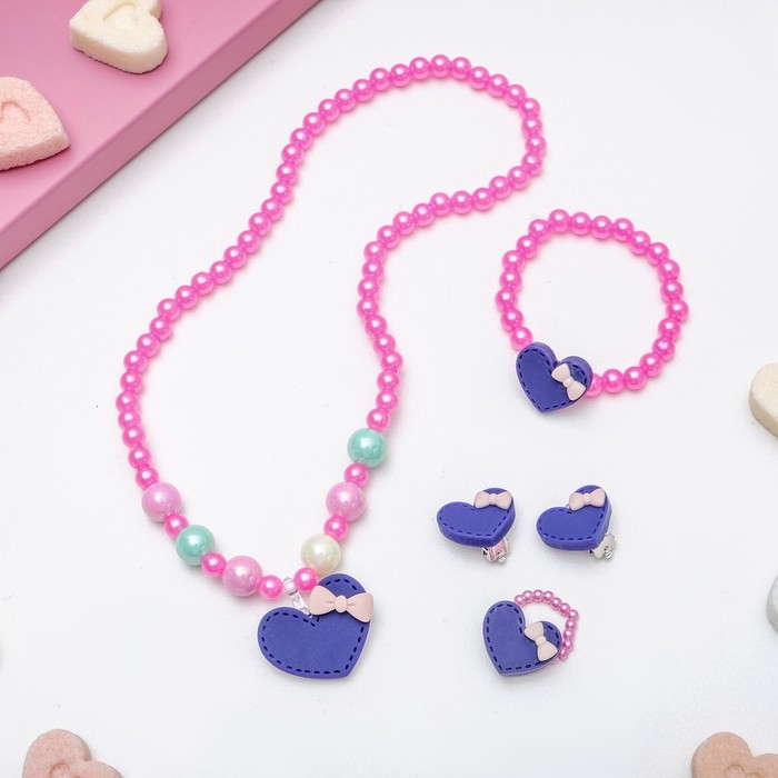 Набор детский "Выбражулька" 4 пред-та: клипсы, бусы, браслет, кольцо, сердечко, цвет МИКС