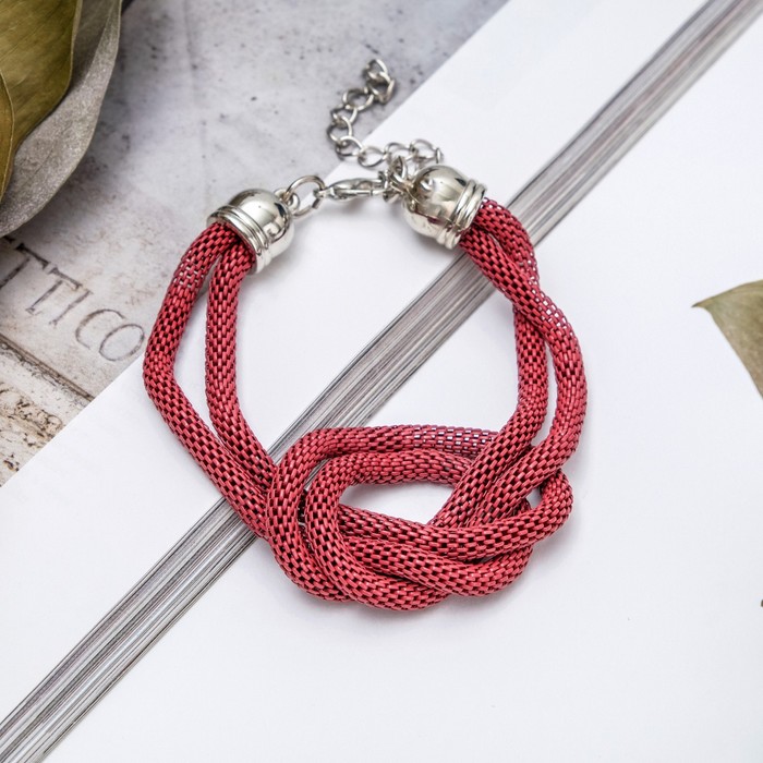 Браслет металл "Жгут" 2 нити, узел, цвет розовый в серебре