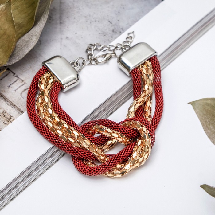 Браслет металл "Жгут" 4 нити, узел, цвет красный в золоте
