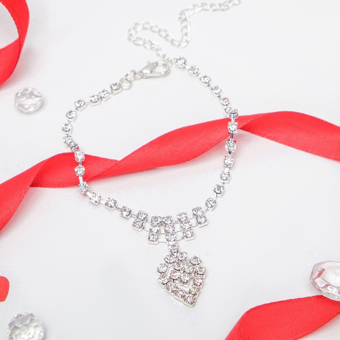 Браслет на ногу "Блеск" сердечко, цвет белый в серебре